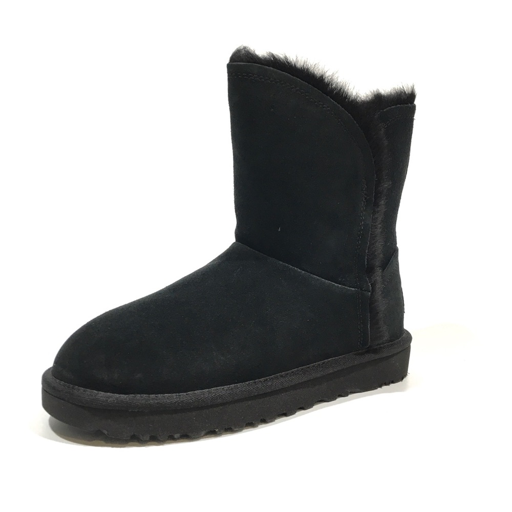 UGG CLASSIC SHORT FLUFF HIGH LOW BOOTS -BLACK SUEDE / TOSCANA SHEEPSKIN -US 6